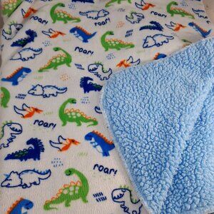 Kidgets Dinosaur Baby Blanket Sherpa Blue Green white ROAR dinos boy plush soft